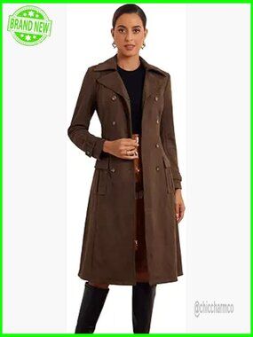 Long Faux Suede Trench Coat with Belt Double Breasted Pockets Winter
